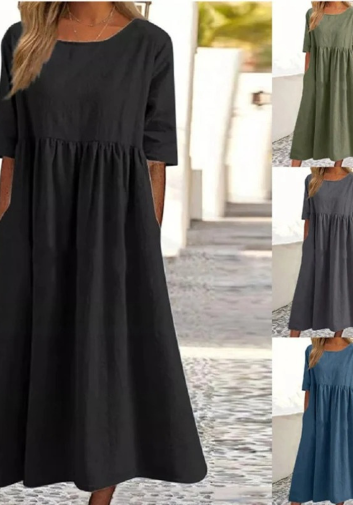 VESTIDO DE LINO Y ALGODÓN CON CUELLO REDONDO Y BOLSILLOS