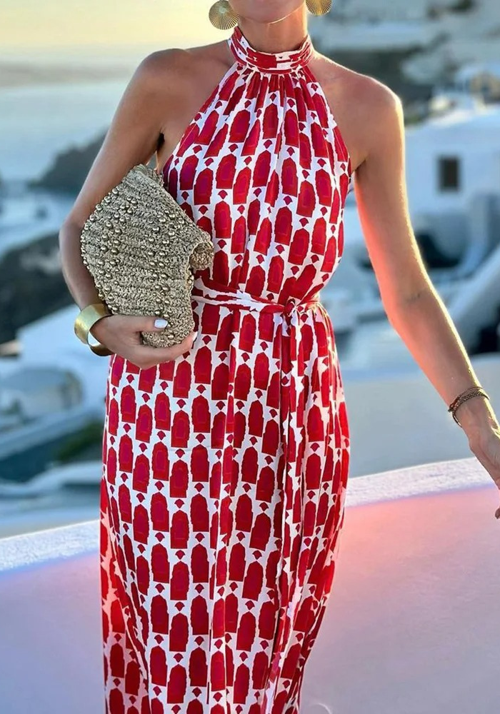 VESTIDO LARGO CON CUELLO HALTER CON ESTAMPADO