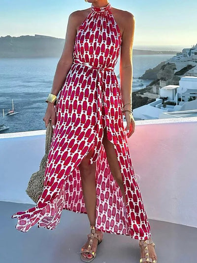 VESTIDO LARGO CON CUELLO HALTER CON ESTAMPADO