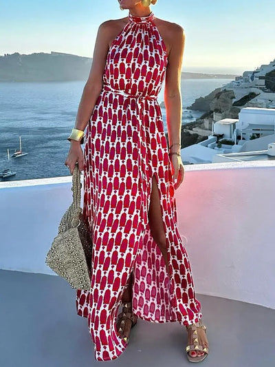 VESTIDO LARGO CON CUELLO HALTER CON ESTAMPADO