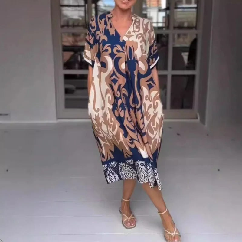 VESTIDO MIDI HOLGADO CON ESCOTE EN V - COLECCIÓN DELUXE VERANO